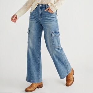 RISEN JEANS Wide Leg High Rise Cargo Med Wash Utility Streetwear Y2K Denim 9/29